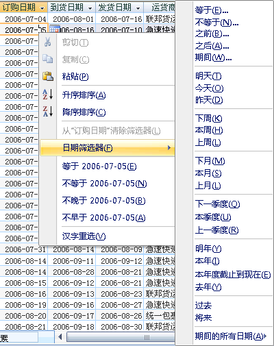 “日期篩選器”菜單